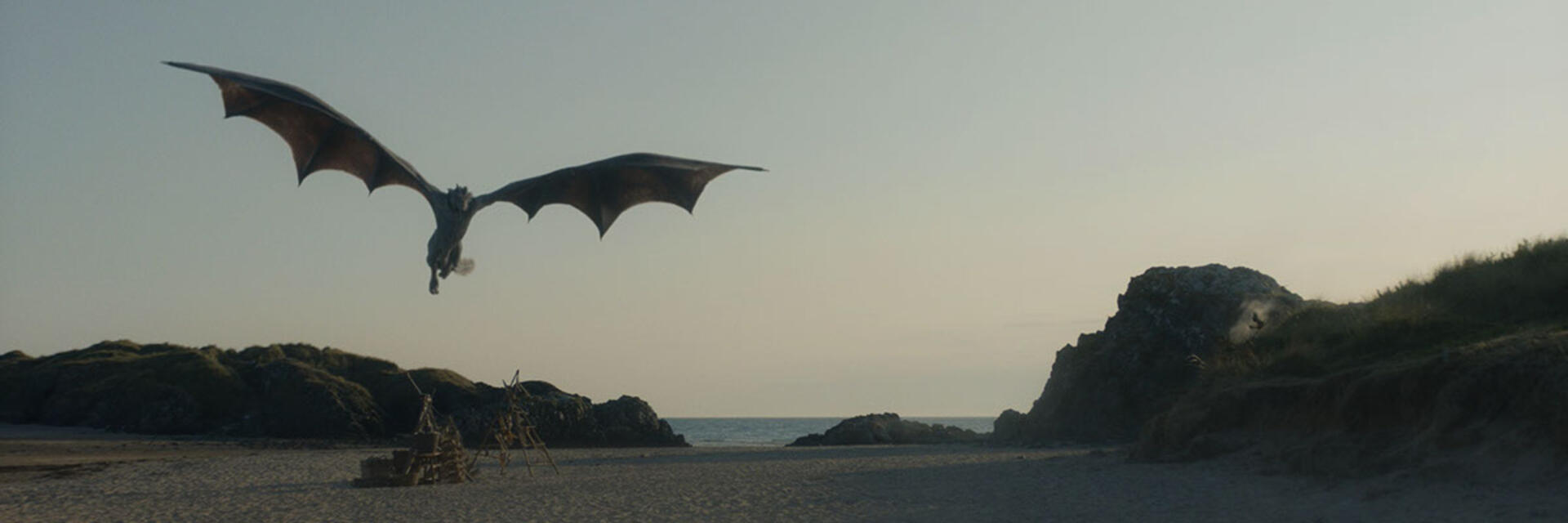 Un grand dragon vole au-dessus d'une plage de sable avec des rochers et la mer en arrière-plan, sous un ciel dégagé.