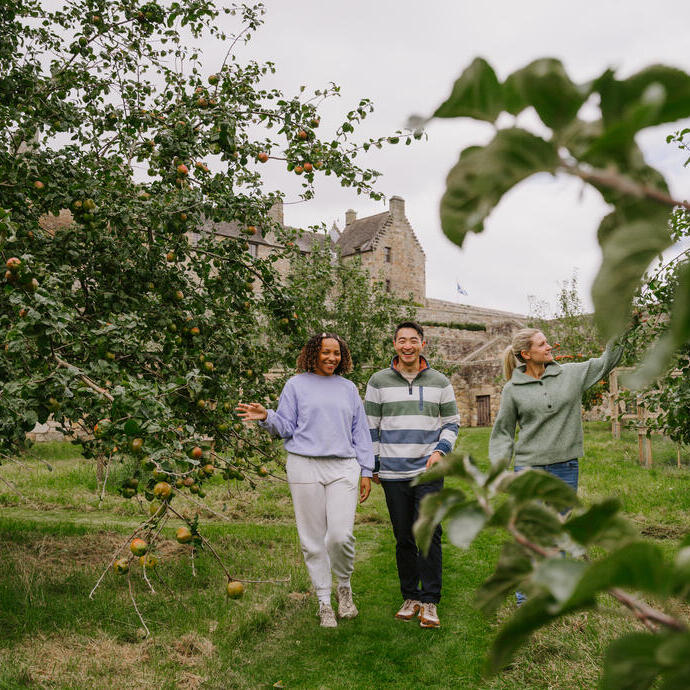 A man and two women walking through an apple orchard on castle grounds.