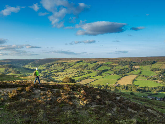 Eine Frau spaziert einen Pfad entlang auf einem Hügel und genießt die Aussicht.