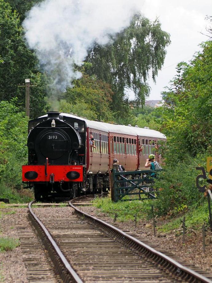 A steam train travelling through the countryside.