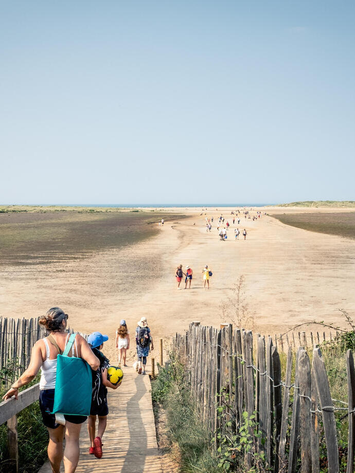 Group of people heading down a sandy path heading out to sea