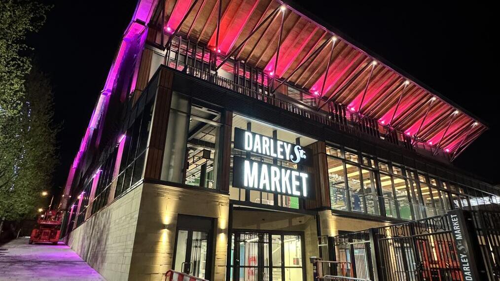Exterior of Darley Street Market at night