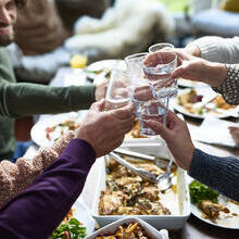 A group of people toasting drinks at a lunch