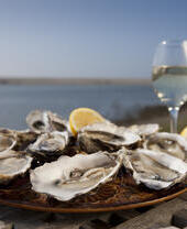 Piatto di ostriche e un bicchiere di vino su un tavolo di legno in riva al mare