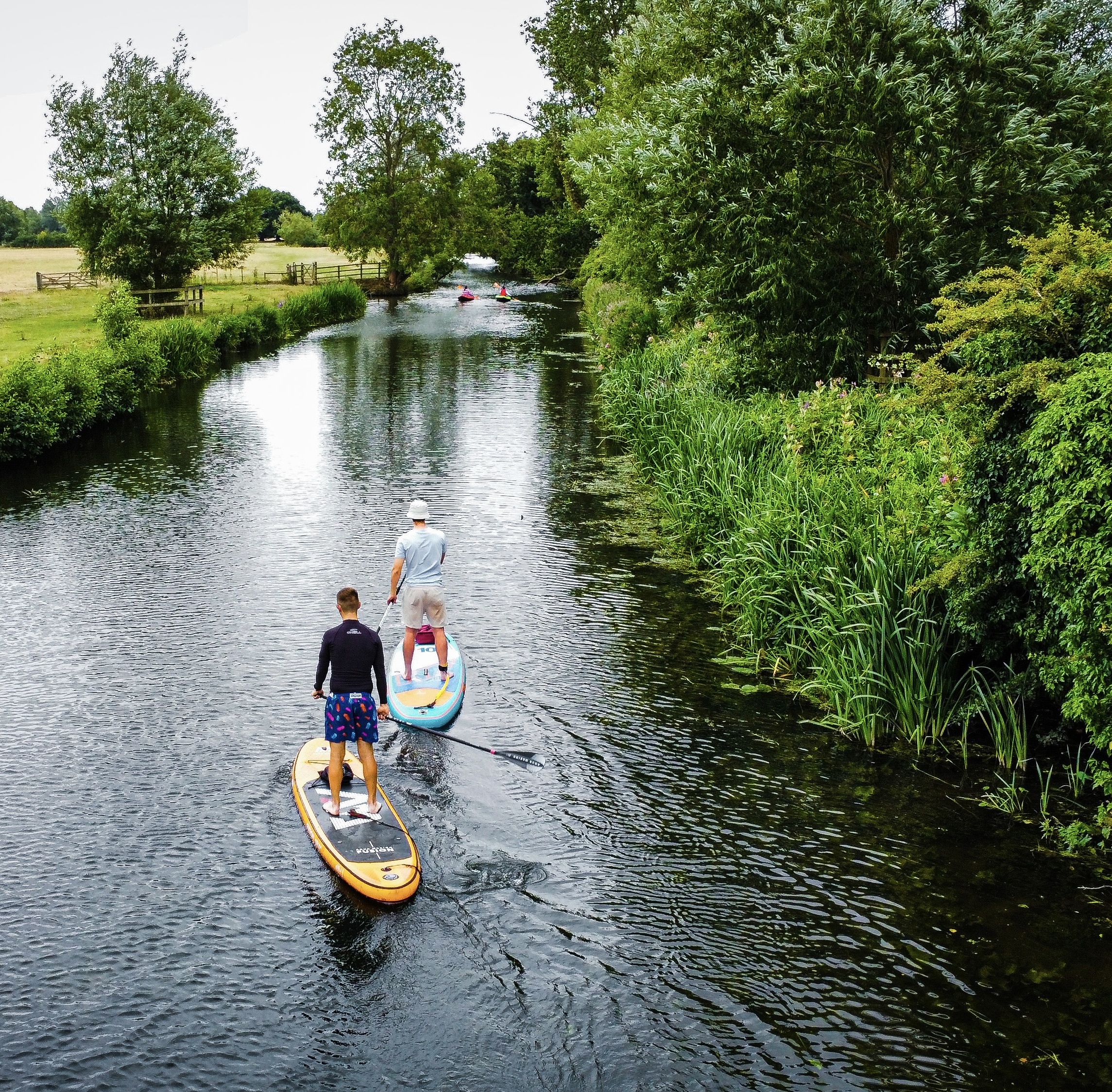 Two men paddle boarding on a river