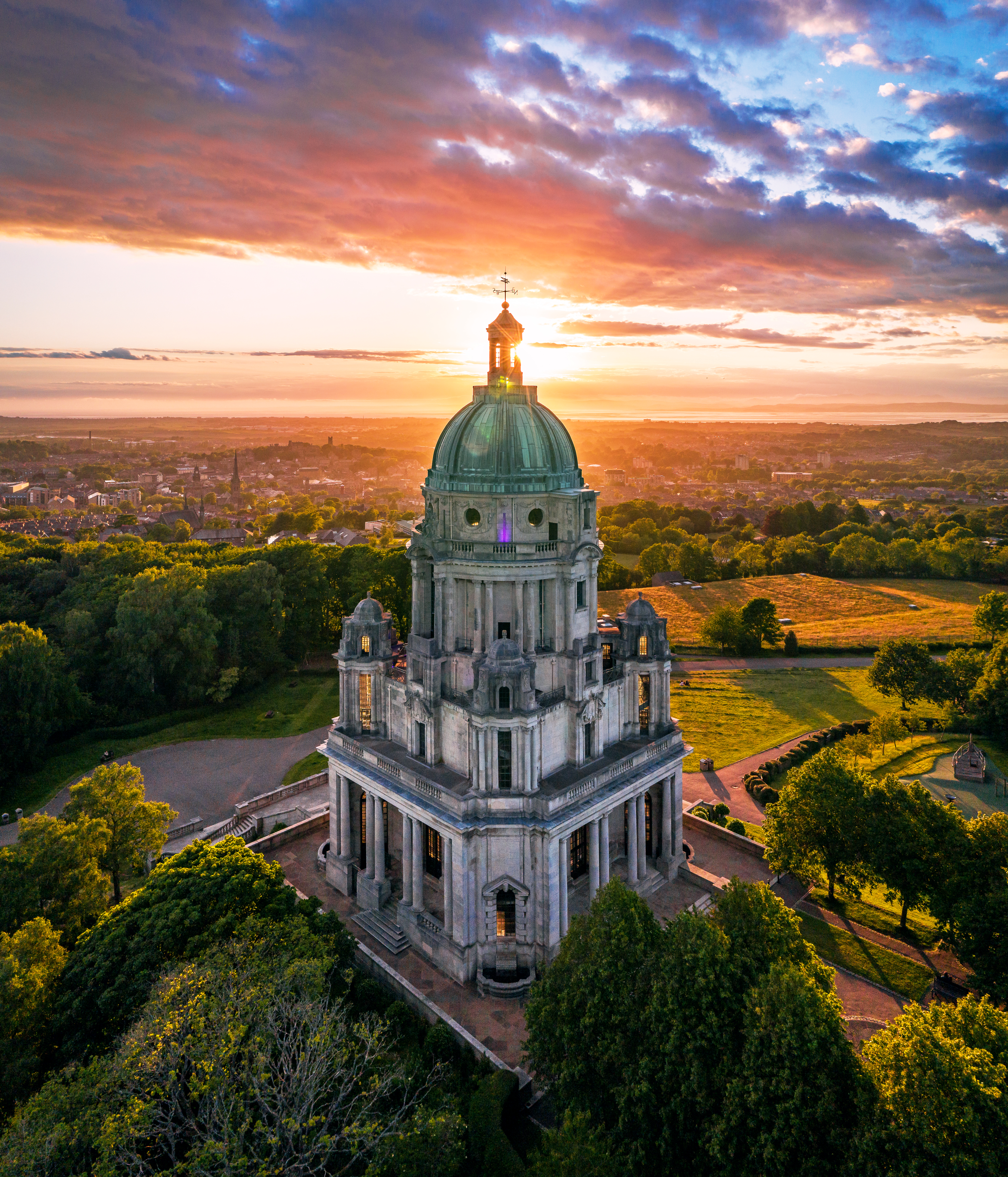 Ashton Memorial, Lancaster from the air looking out across Morecambe Bay