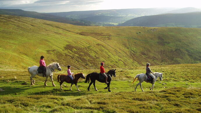 A group of horse riders on a hill overlooking rolling farmland.