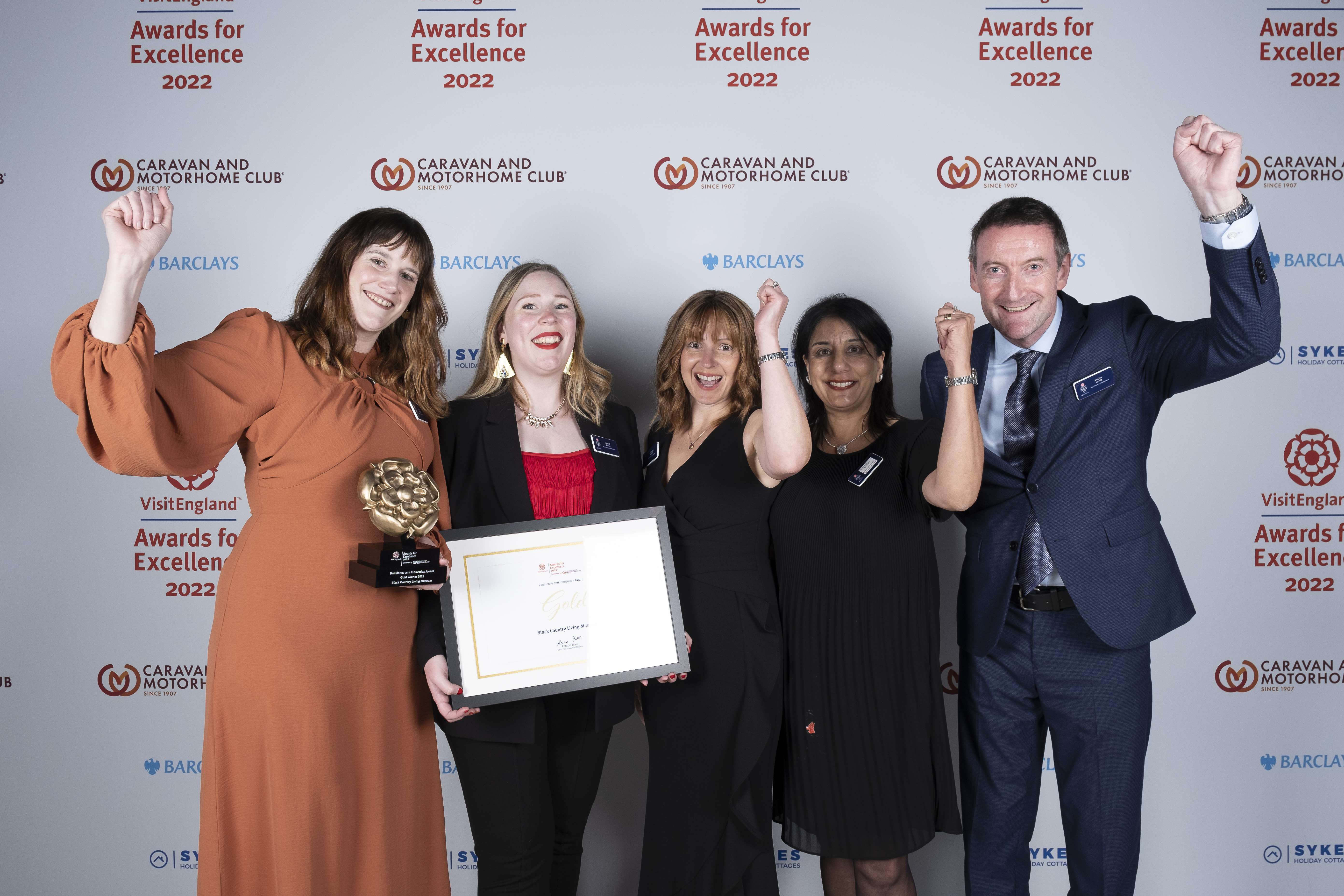 Photo of Gold Winners for Resilience and Innovation Award - Black Country Living Museum - in front of the branded photo backdrop