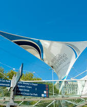 A flag on display above the Bristol Shopping Quarter