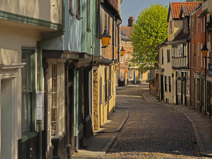 Colourful Tudor houses on an historic cobbled lane