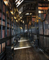 صفوف من رفوف مليئة بالكتب في مكتبة قديمة ضخمة