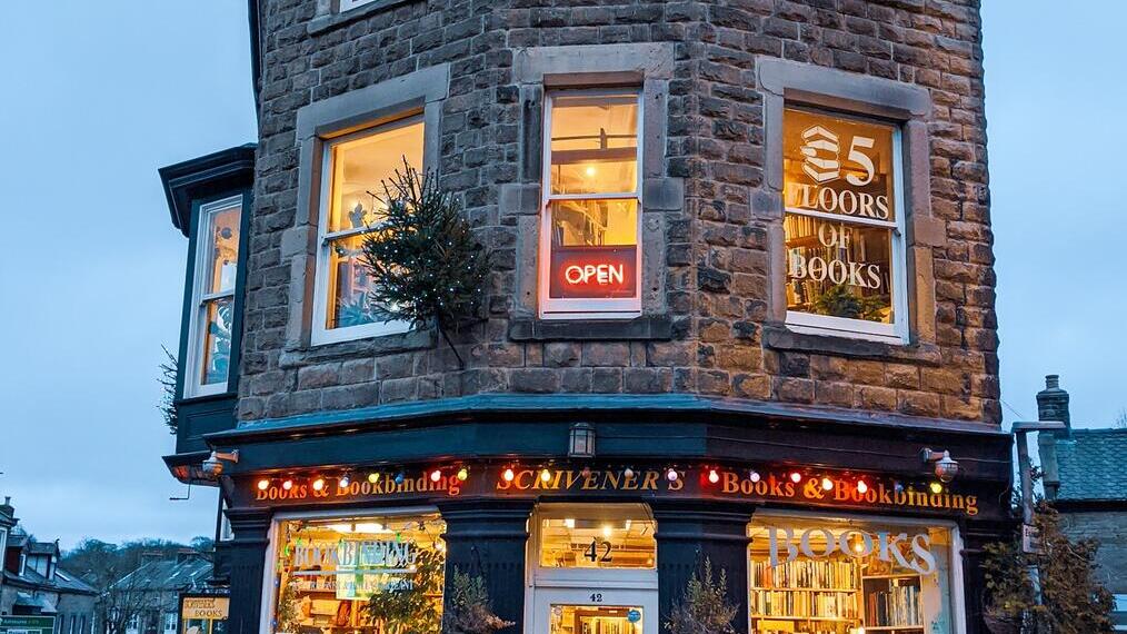 Child looking in the window of a bookshop lit up in the evening light