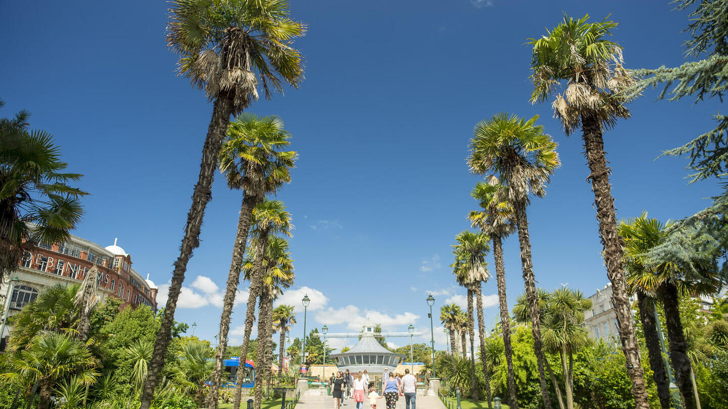 People walking through gardens on a sunny day.