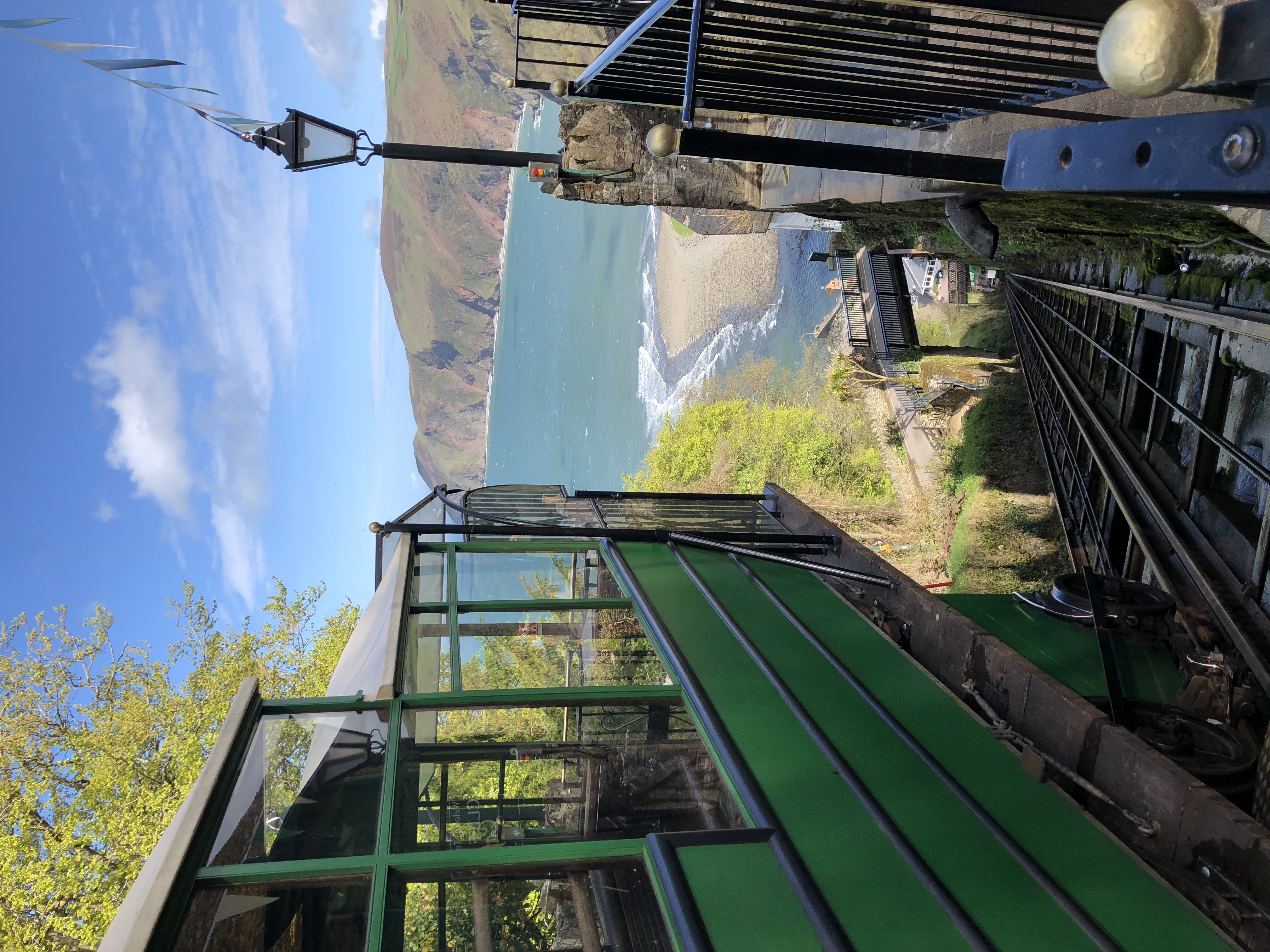 Lynton and Lynmouth cliff railway looking down into the ocean, in Devon.