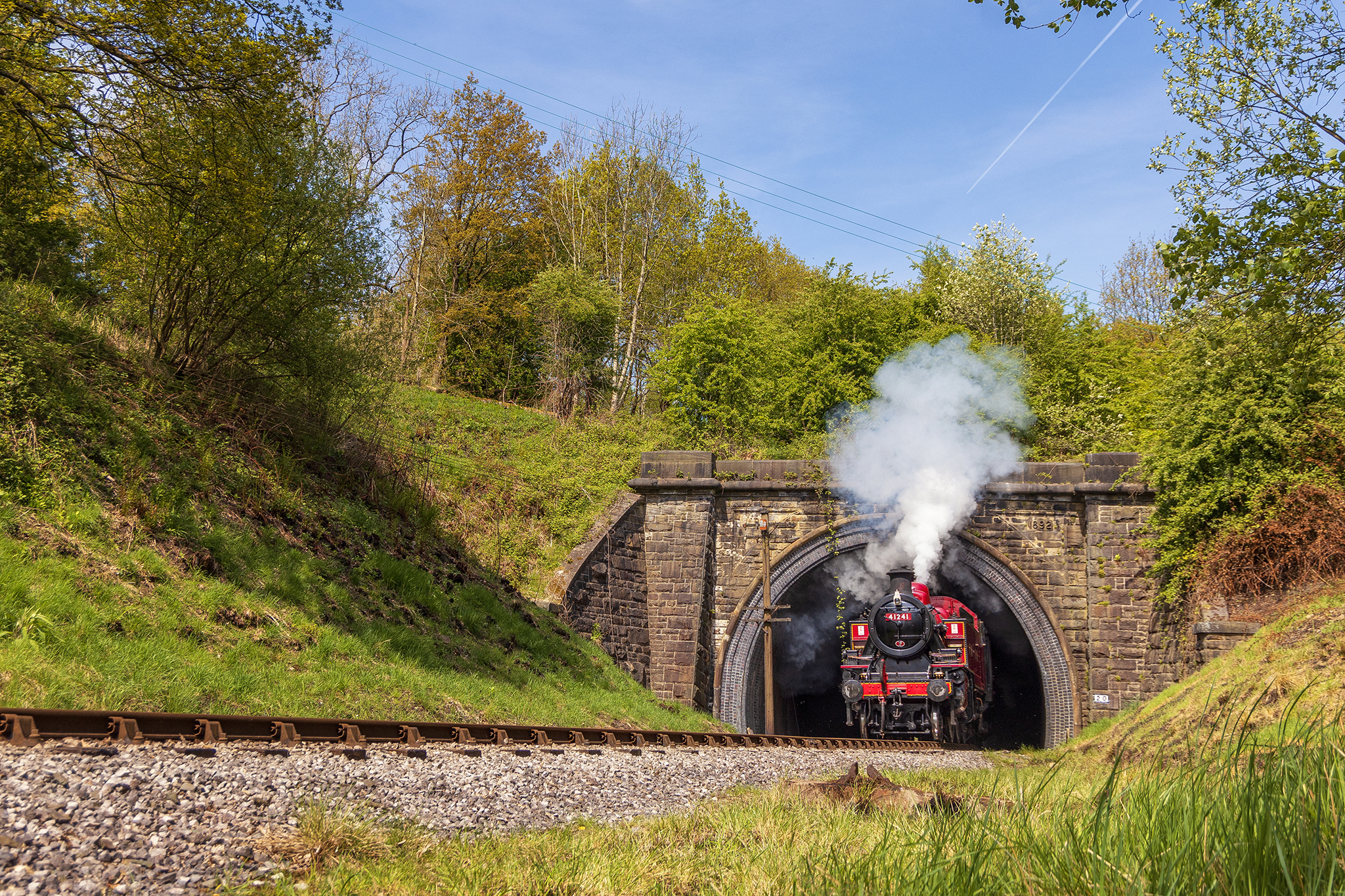 A steam train emerging from a tunnel