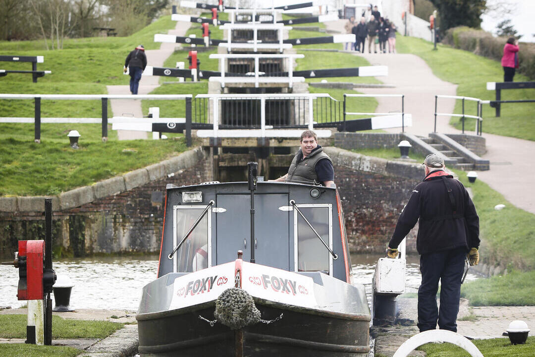 A barge sailing through Foxton Locks in Leicestershire