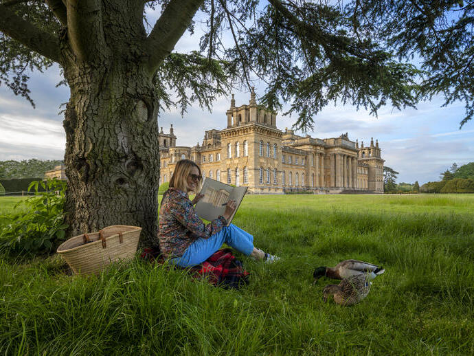 Woman sat under a tree sketching in the grounds of a large country estate