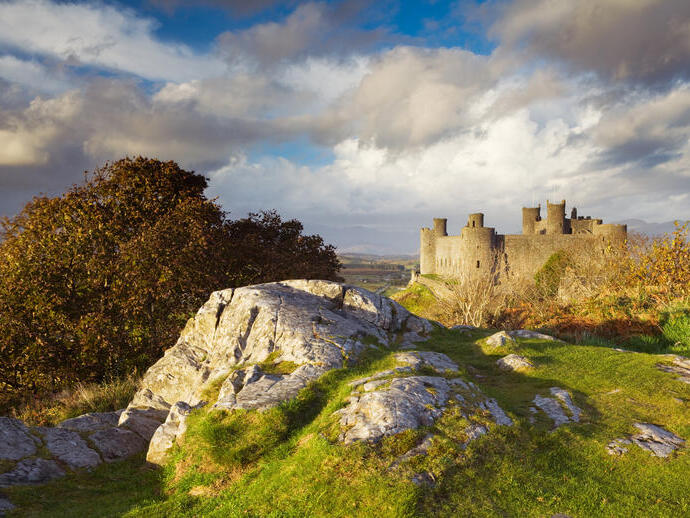 A castle standing on a grassy hilltop with surrounding blue skies and clouds.