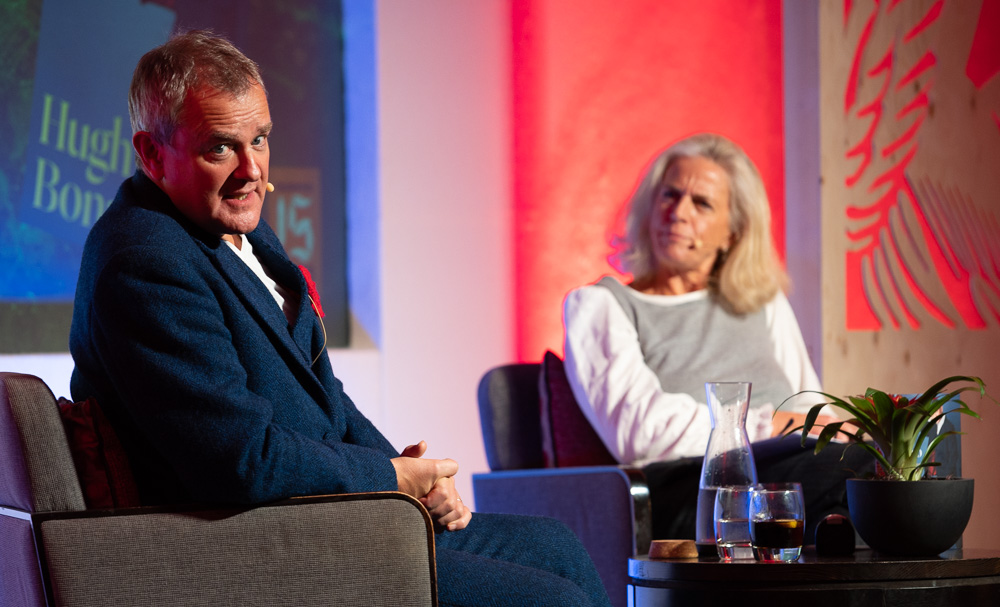 Hugh Bonneville on stage at Stratford Literary Festival in 2022