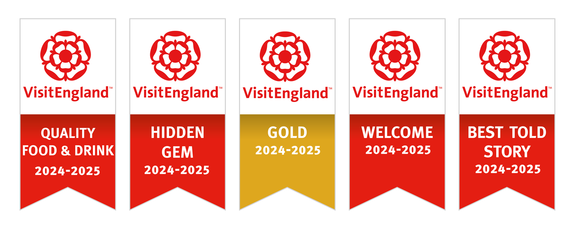 Five VisitEngland banners for 2024-2025: Quality Food & Drink, Hidden Gem, Gold, Welcome, Best Told Story.