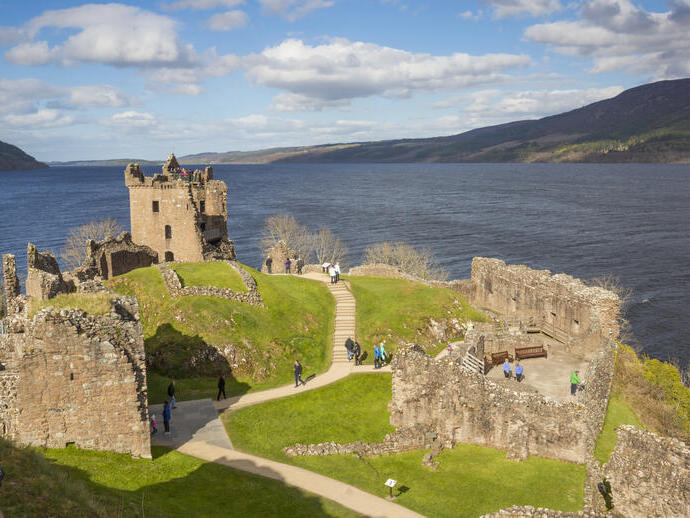 A view from above Urquhart Castle on the banks of Loch Ness in Scotland.