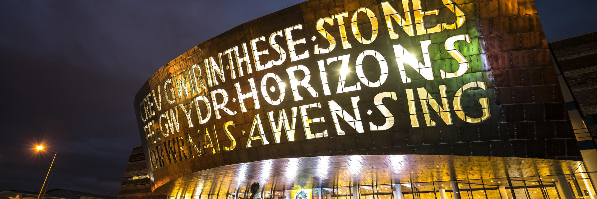 شخص ينظر إلى واجهة مبنى برونزي في الليل