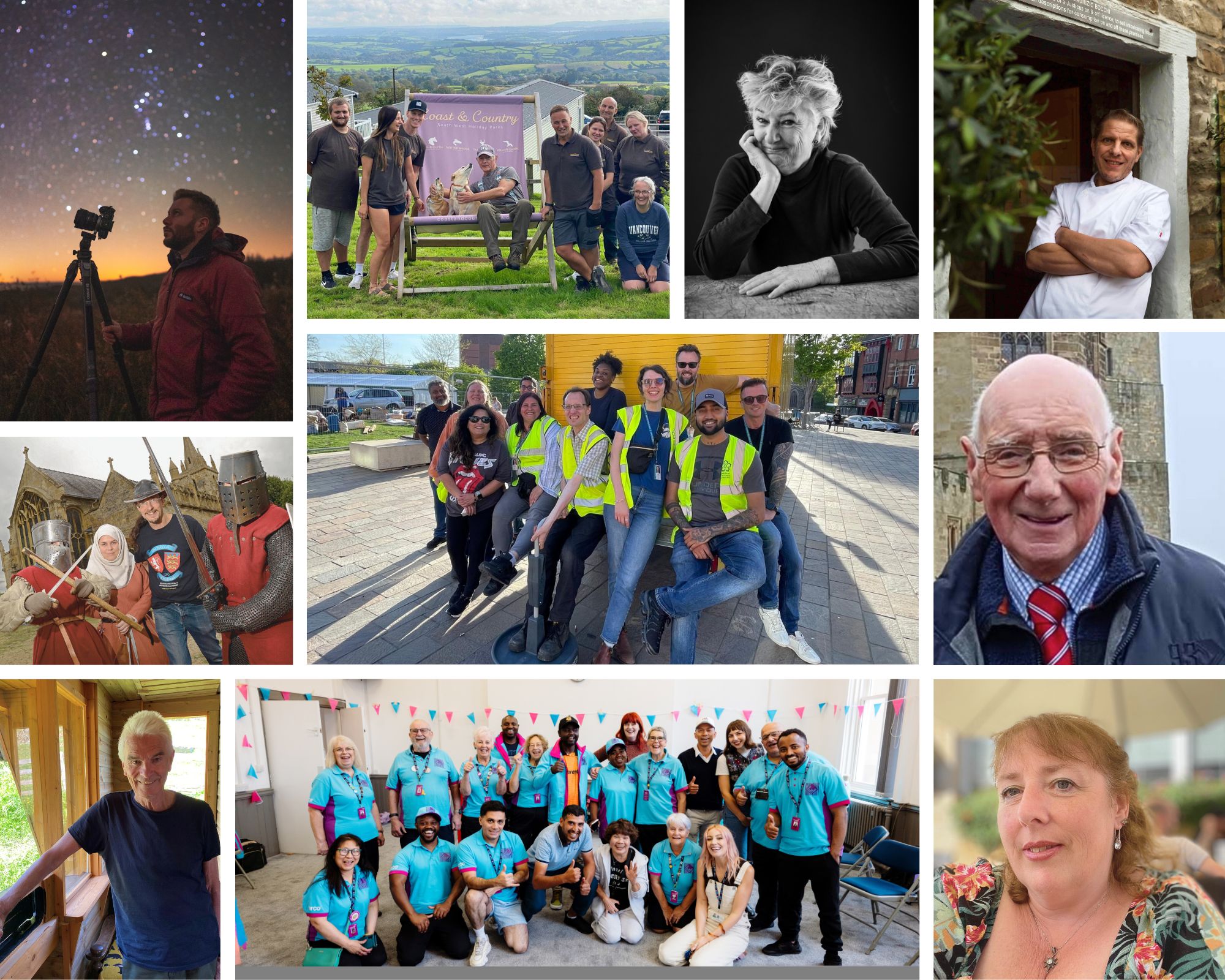 Collage of people involved in community events, volunteer groups, and outdoor activities, with scenic backgrounds and historic buildings visible.