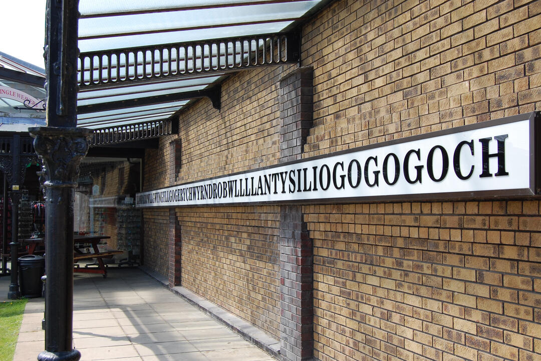 The longest place name in Europe - the sign displayed at the railway station