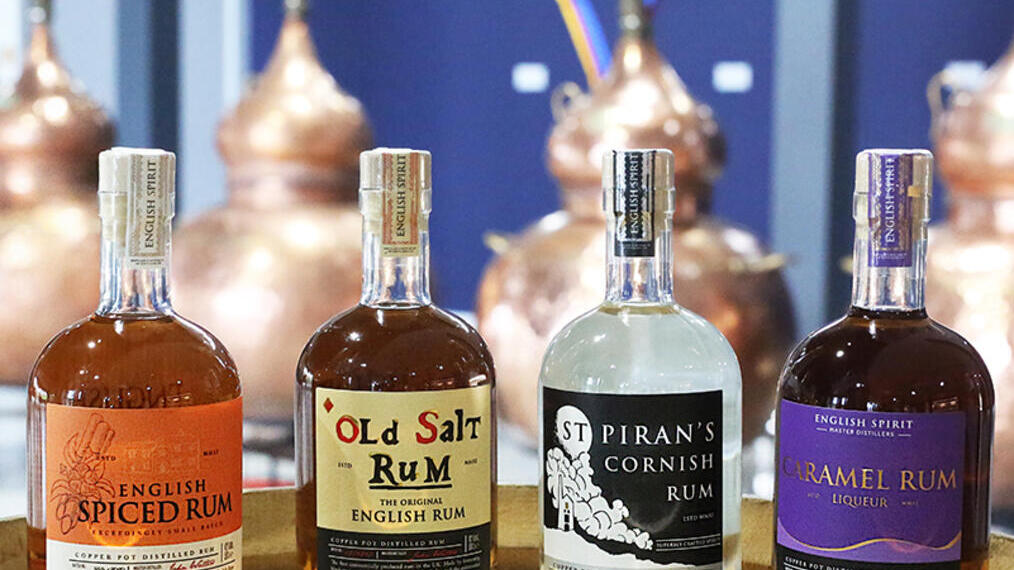 Bottles of Cornish Rum lined up on a table