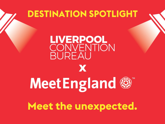 Red graphic with spotlights, text says: Destination Spotlight. Liverpool Convention Bureau x MeetEngland. Meet the unexpected.