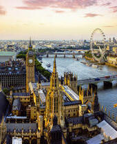 Panoramic view along the river thames including central London landmarks