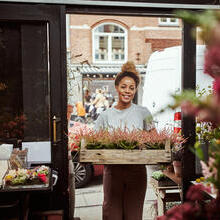 Young woman entering her flower shop carrying a tray of heather plants