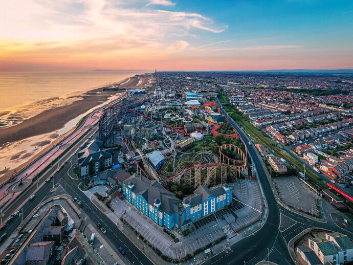 Aerial shot of Blackpool at sunset.