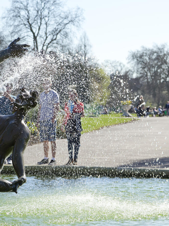 People standing in front of a fountain at a park on a sunny day