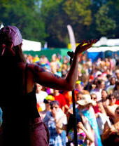 Rear view of performer on stage, with crowd in front of stage