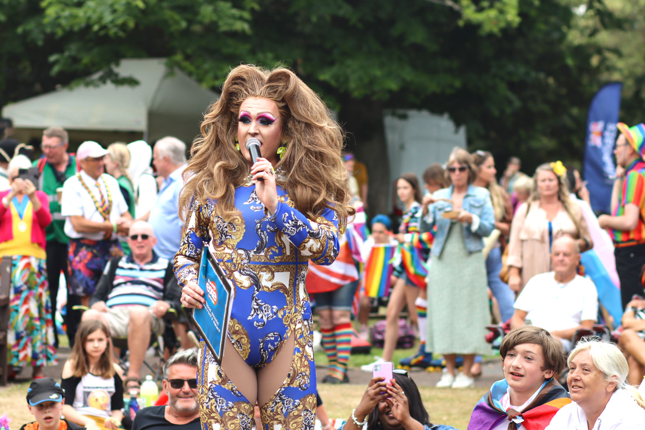 A person in a drag outfit at Exmouth Pride