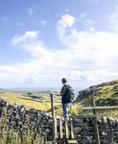 Man standing on stile over stone wall looking at landscape