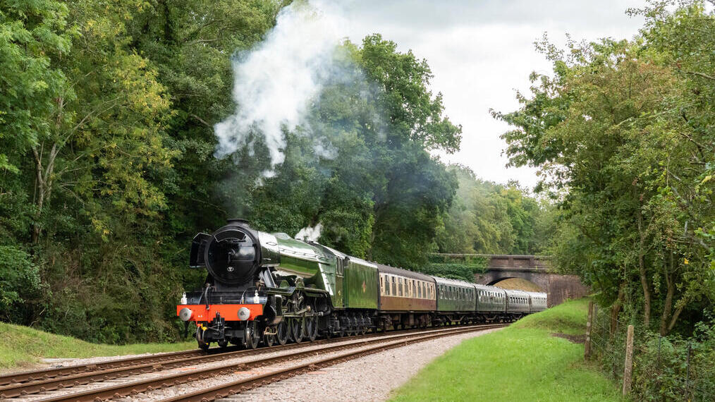 Una locomotiva a vapore che attraversa la campagna.