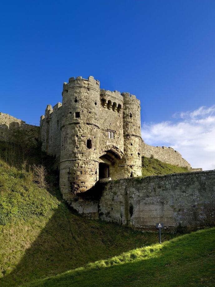Historic castle gatehouse and moat