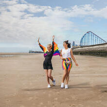 Two women having fun on Blackpool beach