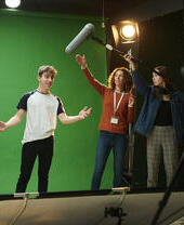 A young man being filmed for a college TV & Media class.