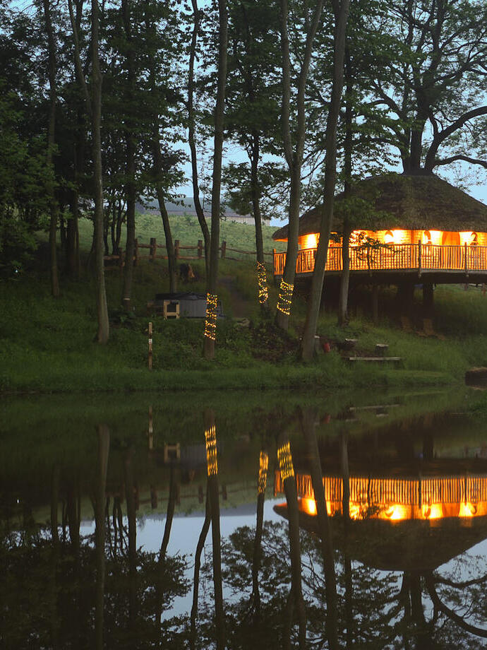 Overlooking the lake at dusk to the treehouse at Treeopia, light from within and surrounded by trees. 