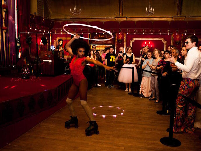 A performer with hoops during a show in the Rivoli Ballroom, London