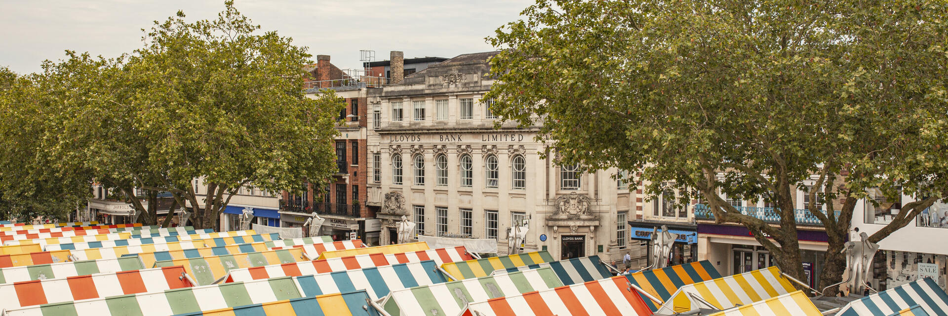 An overhead view of market stalls at Norwich Market