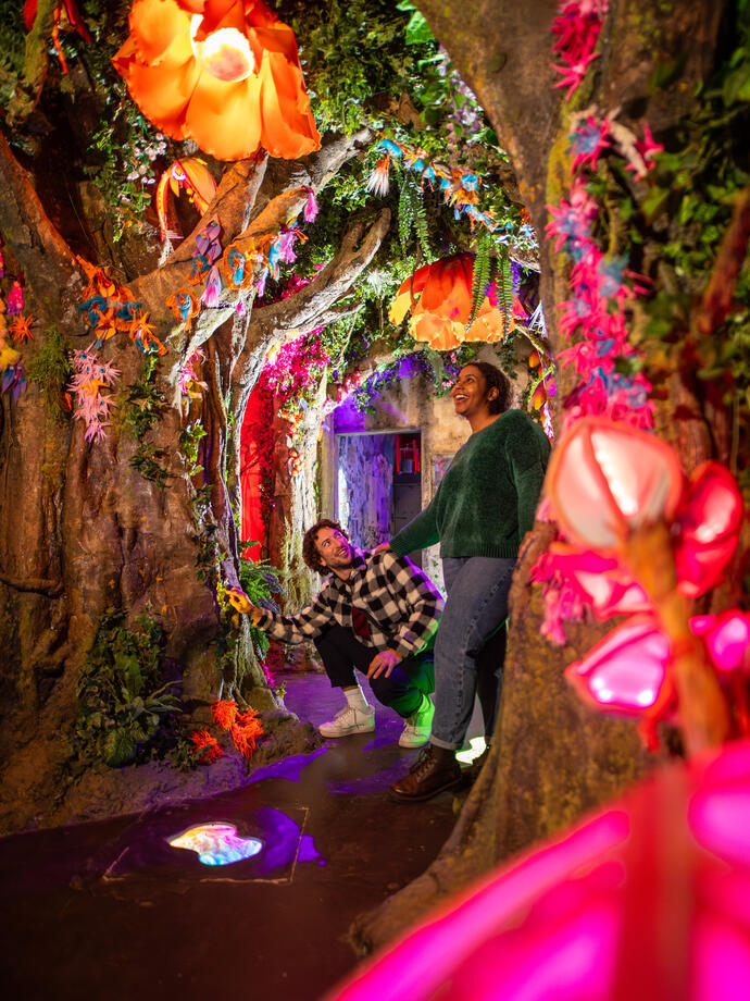 Two friends exploring an immersive rainforest themed experience room