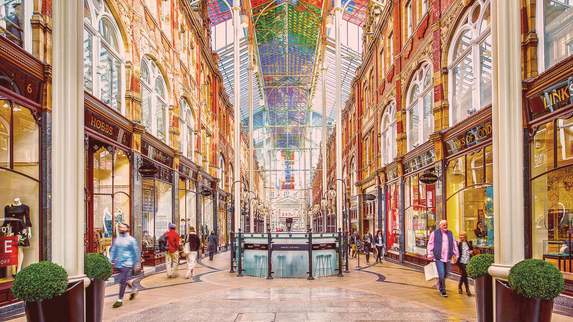 A view down a shopping street in Leeds' historic Victoria Quarter