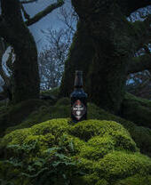 Eine Flasche Alkohol vor einigen Bäumen bei Nacht in der Mantle Brewery