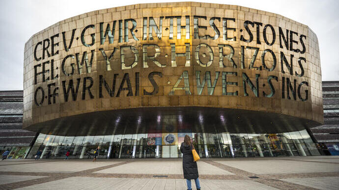 Persona che guarda verso la facciata di un edificio in bronzo