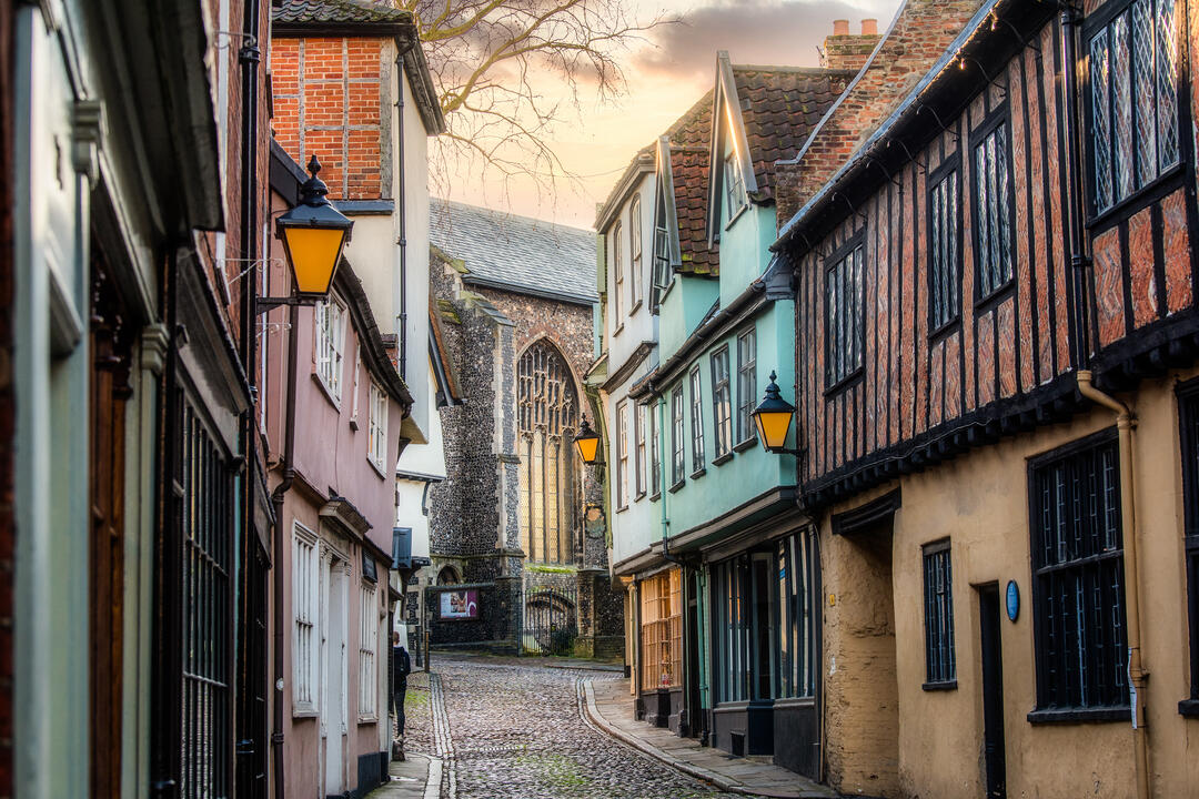 An uphill look of Elm Hill in Norwich