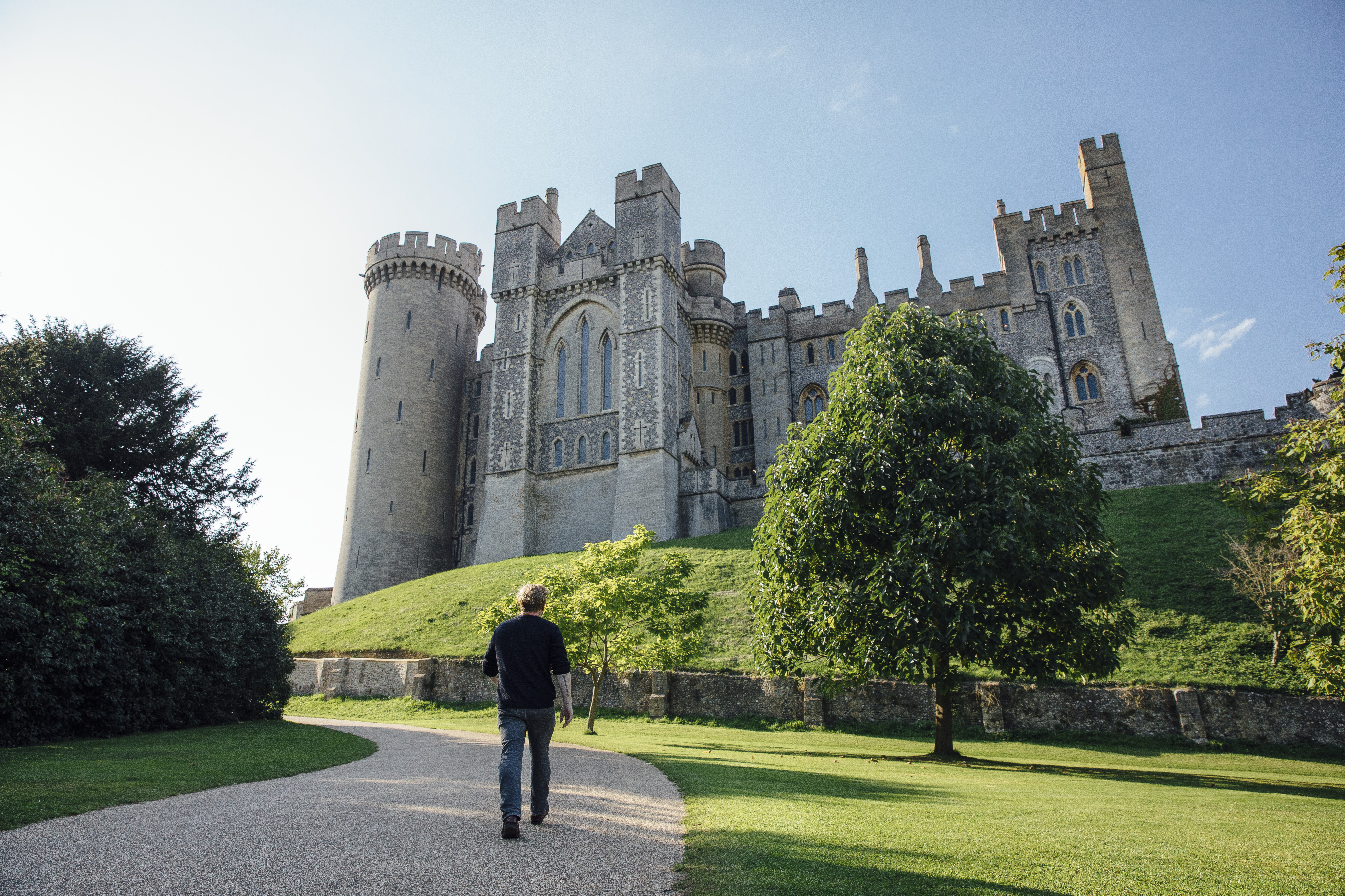 Rear view of man walking along shaded footpath